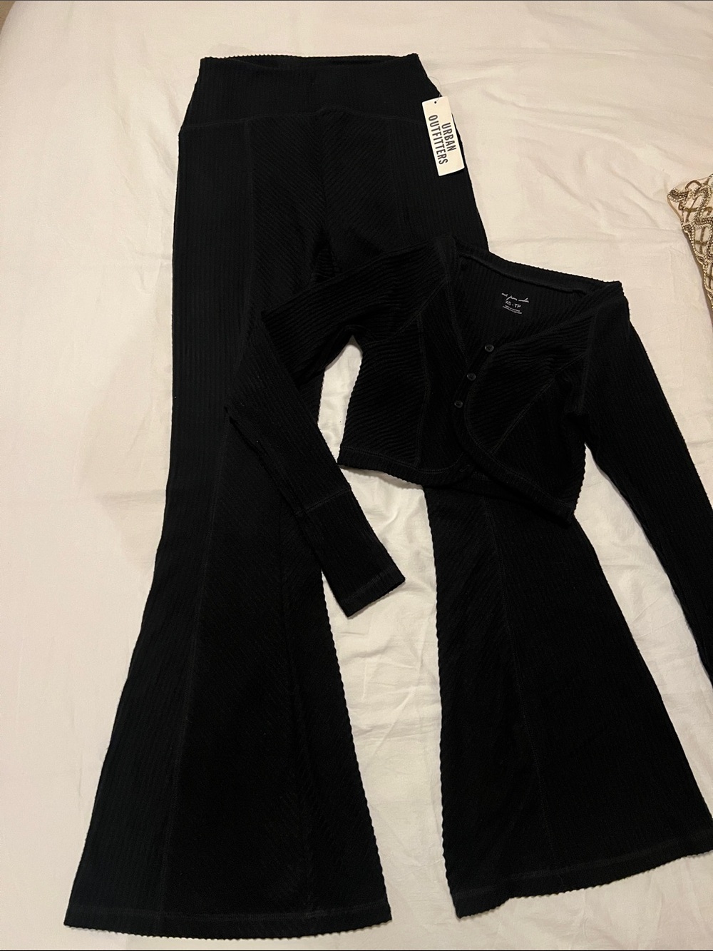 Urban Outfitters Black Ribbed Flare Pants and Cropped Cardigan Set